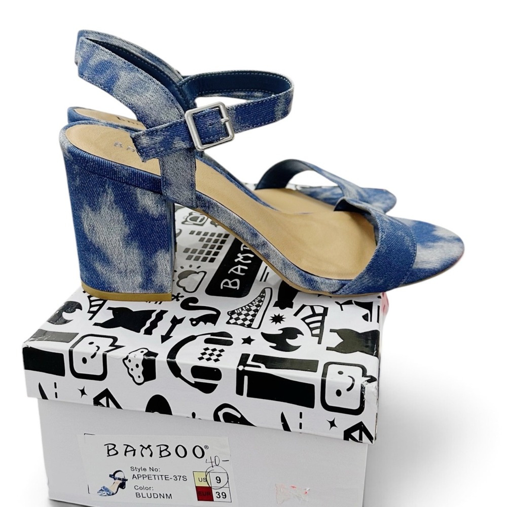 Bamboo Appetite-37S Womens Acid Wash Blue Denim Block Heel Sandals Size 9 New - Picture 4 of 8